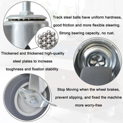 Close-up of details on 3 Inch Heavy Duty Rubber Caster Wheels With Locking Brakes M8 X 1.5 Threaded Stem Industrial Swivel Castors.