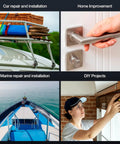 Four images showing car repair, home improvement, marine repair, and DIY projects, relevant to Three In One Rivet Nut Tool Kit.