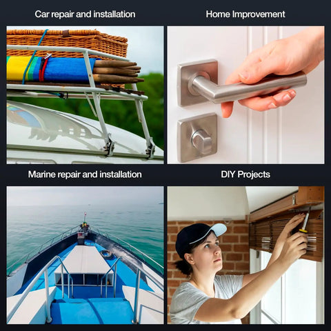 Four images showing car repair, home improvement, marine repair, and DIY projects, relevant to Three In One Rivet Nut Tool Kit.