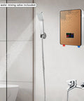 Electric Tankless Water Heater 110V 4500W delivers straight fire hot water with sleek gold finish mounted beside shower head.