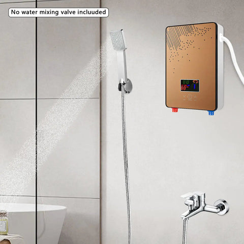 Electric Tankless Water Heater 110V 4500W delivers straight fire hot water with sleek gold finish mounted beside shower head.