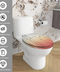 Elongated Quiet Close Toilet Seat for Bathroom fitted on a white toilet with wooden surface design, ideal for modern bathrooms.