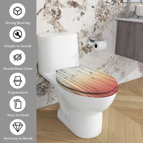 Elongated Quiet Close Toilet Seat for Bathroom fitted on a white toilet with wooden surface design, ideal for modern bathrooms.