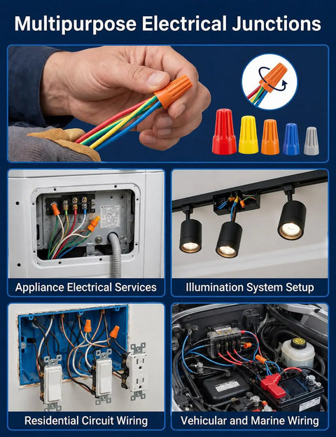 102-Piece Wire Nuts Assortment Kit With 5 Color-Coded Sizes in electrical applications, illustrating various home wiring uses.