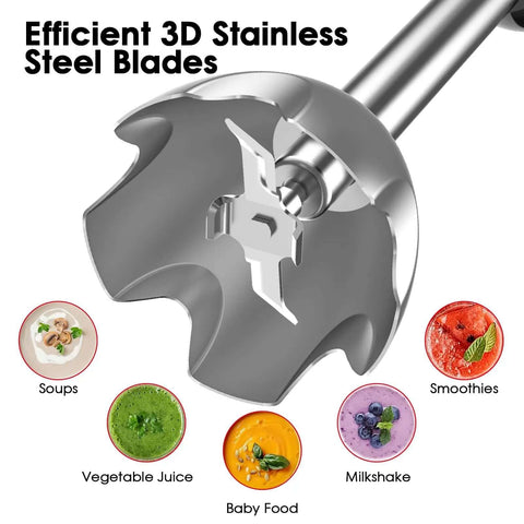 Heavy Duty Immersion Blender Set 500W Super Quiet Handheld Mixer With 12 Speed Settings showing stainless steel blades, ideal for soups and smoothies.
