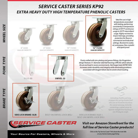 12 Inch Beefy Swivel Top Plate Caster Set With Heavy Duty Phenolic Wheels, High Temp Performance Casters in various sizes