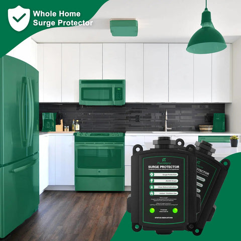 36,000 Amp Whole House Surge Protector for 120/240V shown in modern kitchen setup, compact design for home device protection.