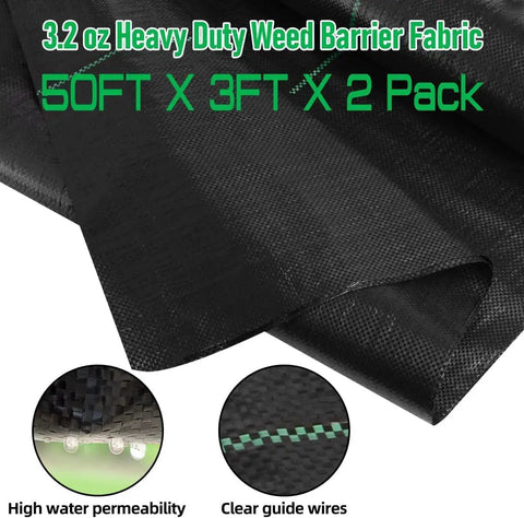3.2 oz Heavy Duty Weed Barrier Landscape Fabric 50ft X 3ft X 2 Pack shown with guide wires and water permeability detail