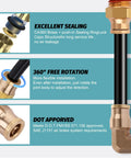 Front view of air hose kit: black 1/4 in OD tubing with brass fittings and blue 360-degree rotation ring