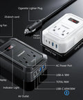 Kickin Ass On Long Drives With This Reliable 200W Car Power Inverter showing dual AC outlets, USB ports, and LCD screen for travelers.