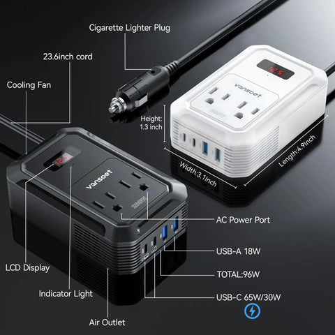 Kickin Ass On Long Drives With This Reliable 200W Car Power Inverter showing dual AC outlets, USB ports, and LCD screen for travelers.