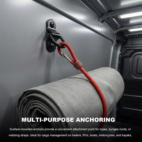 Hella Secure Heavy Duty D Ring Tie Down Anchors 10 Pack Quarter Inch 2400 Lbs, black swivel anchor attached to a rolled blanket.