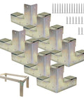 8 Piece Workbench Brackets Kit 3 Way Corner Brackets For 2x4 Wood Fits Actual Size 1.5x3.5 Inches Heavy Duty DIY Build Your Own Custom Work Table Silver, showing brackets, screws, and assembled frame.