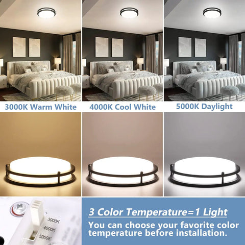 Black Flush Mount Ceiling Light 13 Inch 30W Dimmable LED Fixture With 3000K 4000K 5000K Tunable Color Temperature And 3000 Lumen Brightness A Dope Choice For Hallways Bedrooms Kitchens Bathrooms Laundry 2 Pack shown with color temperature options in bedroom setting.