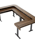 Top Shelf Badass Corner Electric Standing Desk With Spacious Storage Drawers And Clean Power Strip Tray Smooth Height Adjustable Gaming Table Sick Setup For Massive Dual Monitor Rigs Walnut from above