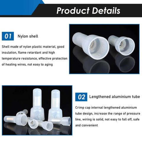 Rugged Nylon Closed End Crimp Connectors Set 580-Piece Wire Nuts For Electrical And Audio Wiring shown with detailed nylon shell and aluminum tube design.