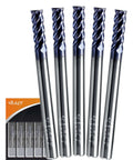 Front view: ACCUCUT 1/8 in carbide square end mill set, 5 pieces, 4-flute, blue AlTiN-coated cutting ends, silver shanks.
