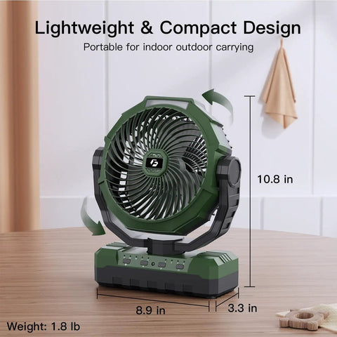 3 In 1 Camping Fan Portable Rechargeable 24000mAh Battery Powerhouse With Light And Remote, compact design, green, on table