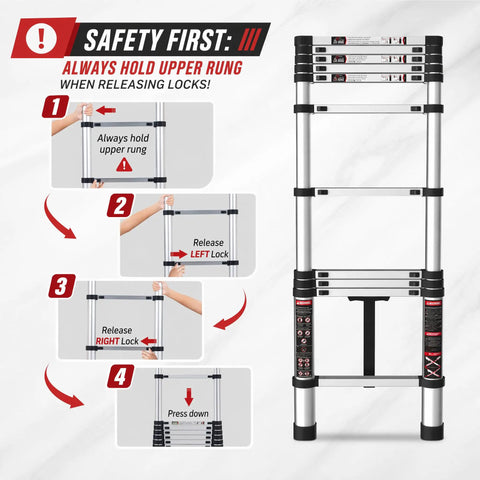 10.5 Ft Telescoping Aluminum Ladder Lightweight Extension For Diy And Home Projects, Rust Resistant Thickened Tubes, Built For Stability, EN131 Compliant, Portable And Easy To Carry, Multi Position, Anti Slip Feet; ladder safety steps