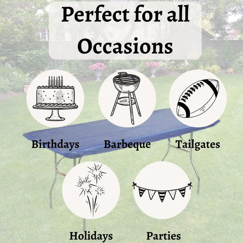 Elastic Fitted 8 Foot Rectangle Plastic Table Covers Set Of 10 30 By 96 Inches Royal Blue Lightweight Yet Durable Wind Resistant Party Table Liners With Self Adhesive Edges For Quick No Fuss Easy Setup on outdoor table