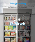 Heavy Duty Commercial Freezer 52 Cubic Feet Capacity with food items and energy usage display on doors.