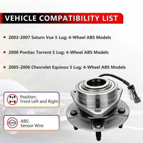 Front Wheel Bearing Hub Assembly With ABS For Chevy Equinox 2005 2006 Pontiac Torrent 2006 Saturn Vue 2002 2007 5 Lug Replacement