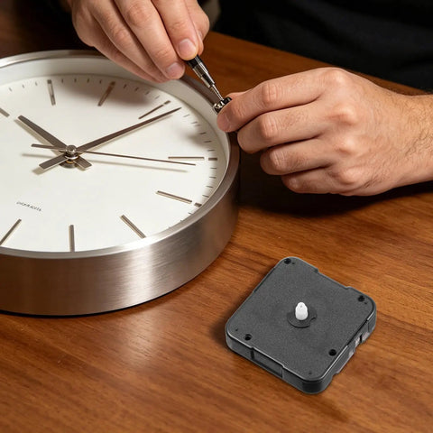 WhisperSilent Quartz Wall Clock Movement Kit With 8mm No Thread Shaft For DIY Projects And Home Decor in use with clock.