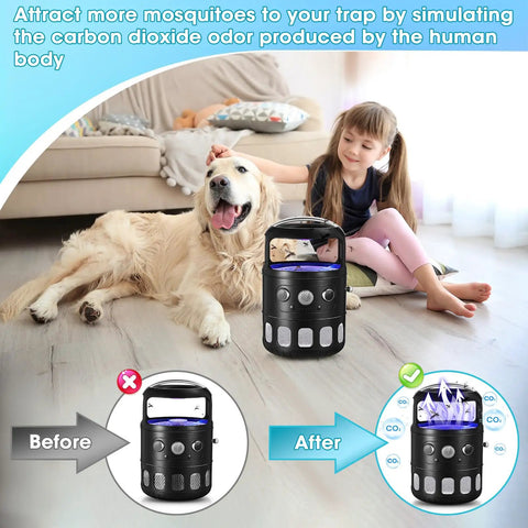 10 Pack Mosquito Attractant Refill For Bug Zappers Long Lasting CO2 Scent Lures That Boost Indoor Outdoor Trap Catch Rates Safe Non Toxic Mosquito Bait Compatible With All Traps next to girl and dog indoors