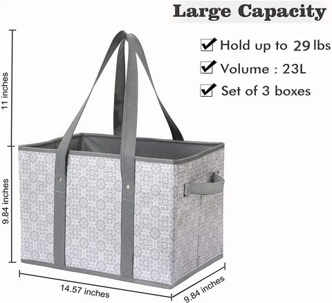 Three Pack Large Reusable Grocery Bags Water Resistant Tote with handles and pattern, folds flat for storage