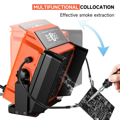 Solder Smoke Absorber Kit With Tiltable Fume Extractor capturing smoke during soldering in DIY shop with circuit board and hands