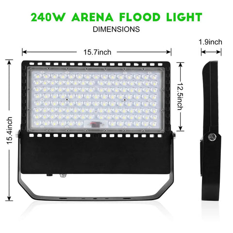 240W arena flood light with dimensions, showing front and side view, suitable for outdoor sports fields and arenas.