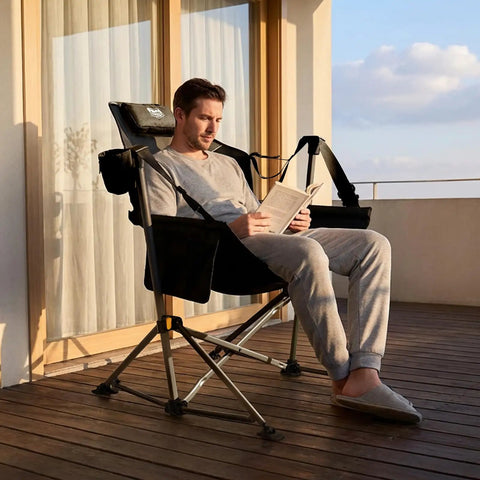 Man relaxing on Heavy Duty Folding Hammock Chair With Adjustable Backrest For Camping, Travel, And Patio, Supports Up To 300 Lbs, Padded Seat
