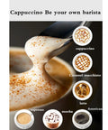 Semi Automatic Espresso Machine With 15 Bar Pressure And Powerful Milk Frother To Hit That Perfect Crema, frothy cappuccino topped with cocoa powder.