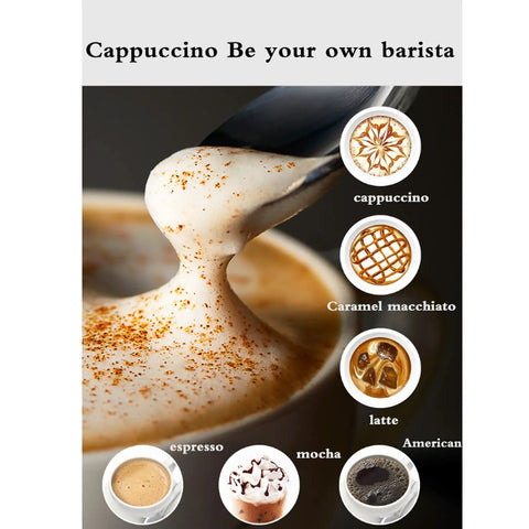 Semi Automatic Espresso Machine With 15 Bar Pressure And Powerful Milk Frother To Hit That Perfect Crema, frothy cappuccino topped with cocoa powder.