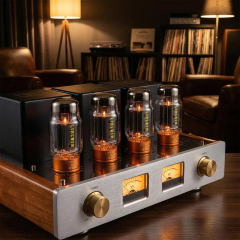 KT88 Vacuum Tubes Matched Pair 2 Pack Aurora Series Audio Tubes on vintage amplifier in cozy room setting