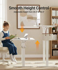 Seang Electric Height Adjustable Standing Desk 48 By 24 Inch Sit Stand Workstation with girl reading and woman adjusting height.