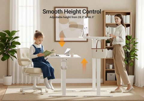 Seang Electric Height Adjustable Standing Desk 48 By 24 Inch Sit Stand Workstation with girl reading and woman adjusting height.