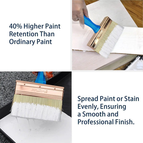 Three Pack Deck Stain Brush Set 4 Inch 5 Inch 6 Inch For Faster Coverage With Threaded Handles shown in use on wood surface.