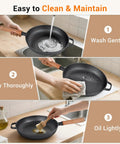 Person cleaning 12 Inch Cast Iron Skillet With Removable Wooden Handle Pre Seasoned Fry Pan For Stove Oven Grill Campfire Cooking
