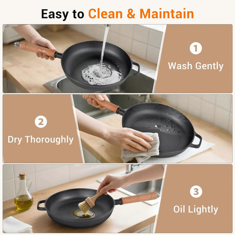 Person cleaning 12 Inch Cast Iron Skillet With Removable Wooden Handle Pre Seasoned Fry Pan For Stove Oven Grill Campfire Cooking