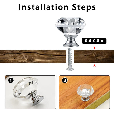 Installation steps for Top Tier Crystal Cabinet Knobs And Drawer Handles With Slick Silver Tone Heavy Duty Aluminum Core 30mm.