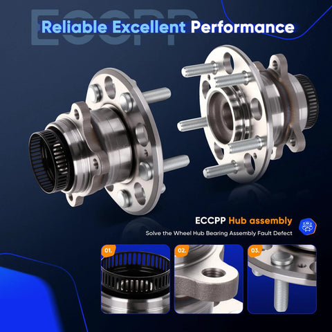 Rear Wheel Hub And Bearing Assembly 512340 Fit For Hyundai Elantra 2007 2012 With ABS 5 Lug 2 Pack Drop In Replacement OE Quality Direct Fit No Modifications Needed displayed from multiple angles showing 5-lug pattern and ABS compatibility.