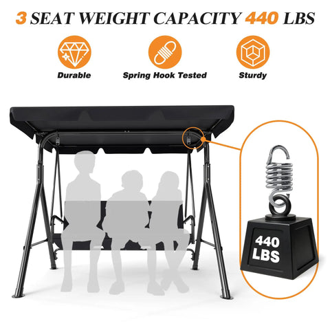 Three-Seat Outdoor Patio Swing Chair with adjustable canopy and durable steel frame showing weight capacity and spring feature.