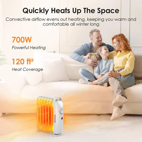 Family on sofa in living room with 700W Oil Filled Radiator Heater With Adjustable Thermostat Two Heat Settings Overheat Protection Silent Operation Cozy Warmth Under Desk Space Heater For Bedroom And Office White Finish
