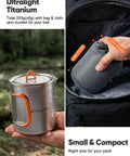 Ultralight Titanium Camping Cookware Set With 420ml pot and mesh bag in backpack for hiking, traveling, picnics, outdoor cooking.