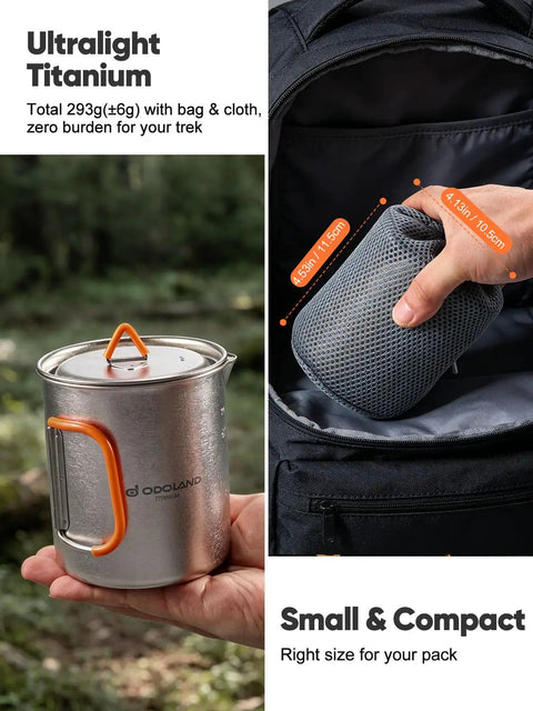 Ultralight Titanium Camping Cookware Set With 420ml pot and mesh bag in backpack for hiking, traveling, picnics, outdoor cooking.