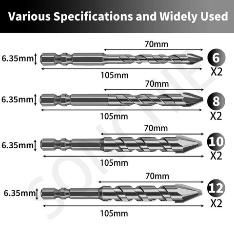 8-piece SONCHIE masonry twist drill bit set; sizes 6, 8, 10, 12 mm (two each), 105 mm length with 6.35 mm shanks