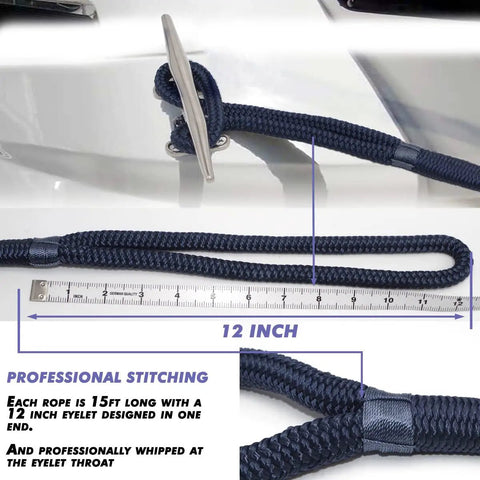 Rock Solid 1/2 Inch X 15 Feet Dock Lines Navy Blue 4 Pack Marine Grade Double Braided Nylon Boat Rope Heavy Duty Mooring Cord Snap Guard Eyelets Salt Water And UV Resistant Tug Line For Boats