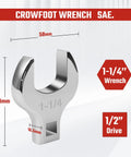 Heavy Duty 1/2 Inch Drive Jumbo Crowfoot Wrench 1 1/4 Inch SAE Open End Wrench shown with dimensions and chrome polish.