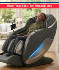 Person relaxing in 4D Massage Chair For Home Relaxation With Full Body Zero Gravity Recliner And 55 Inch SL Track Body Scan A303C Black.